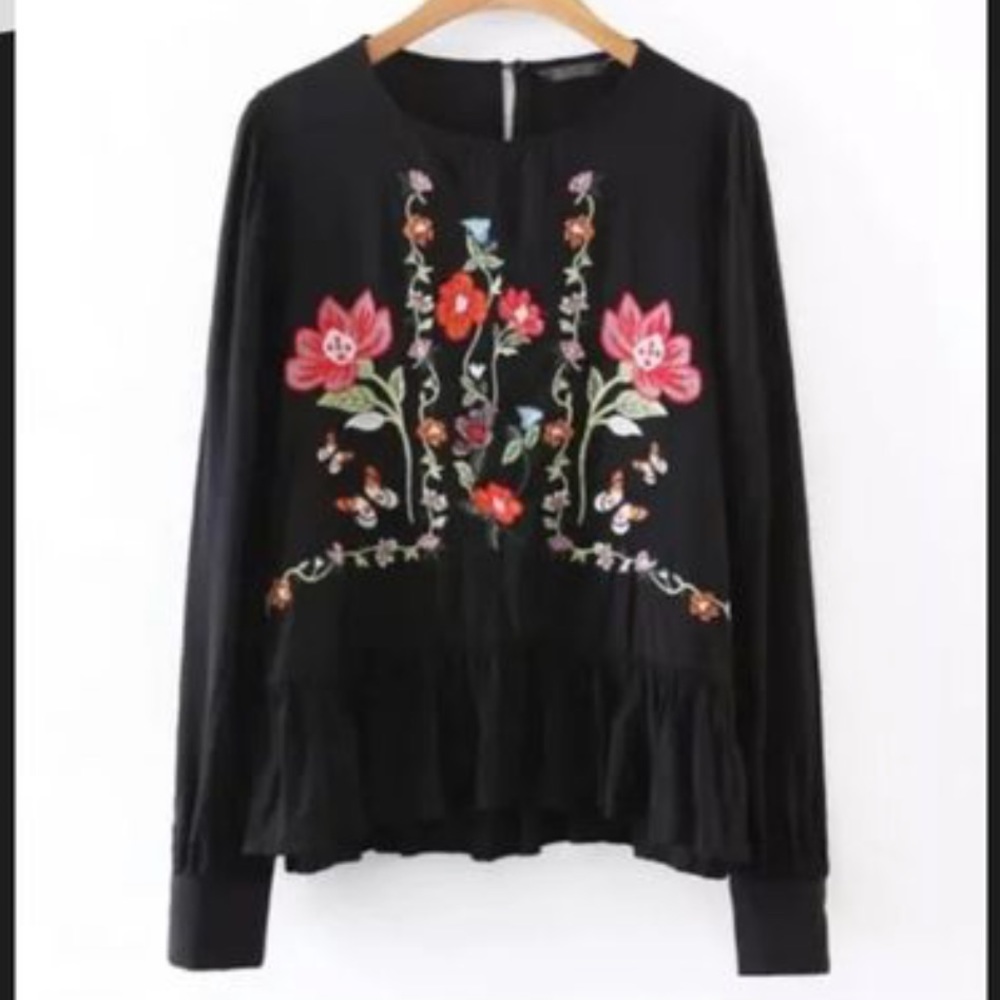 Zara black floral embroidered blouse Medium